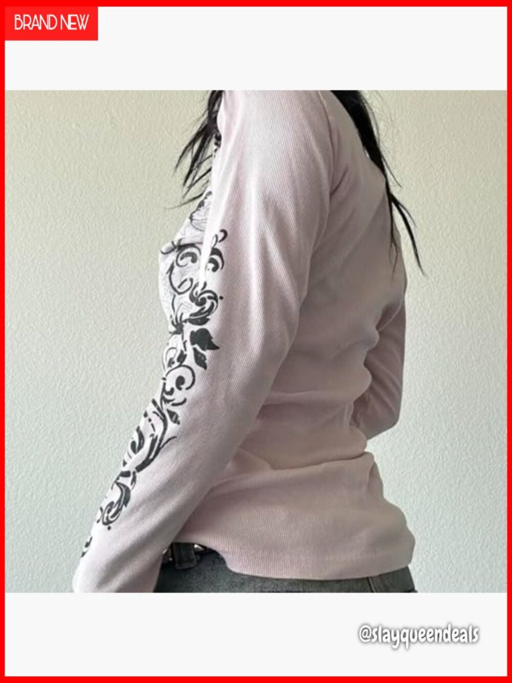 Gothic Graphic Print Long Sleeve Crew Neck Tee Y2K Grunge Vintage Tops - Picture 2 of 5